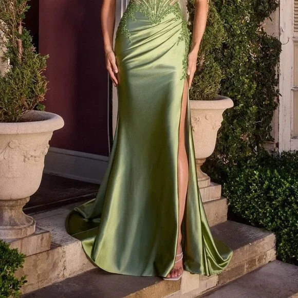 New Pageant Long Satin Gown w/ Sweetheart Neck & Beads Embellished CD KV1132 - Picture 9 of 9